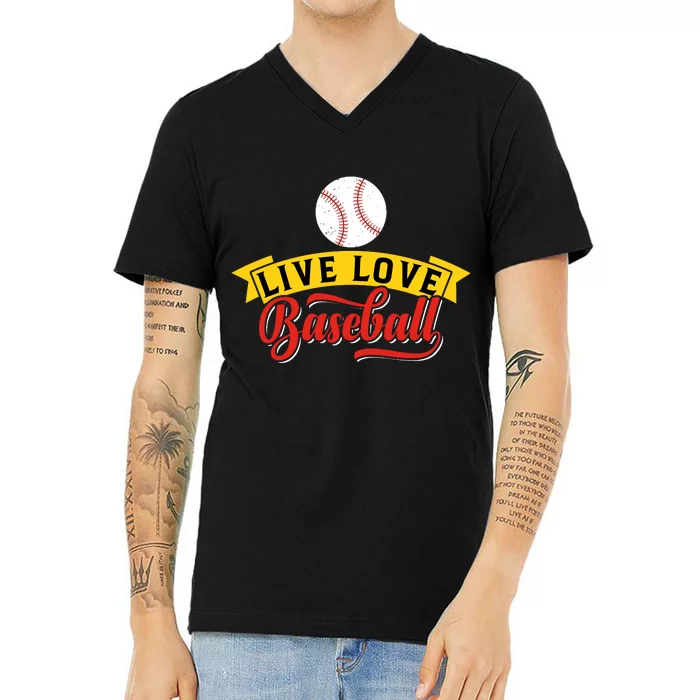 Live Love Baseball Funny Gift Baseball Lover Retro V-Neck T-Shirt