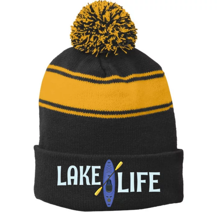 Lake Life Blue Kayak Gift Stripe Pom Pom Beanie