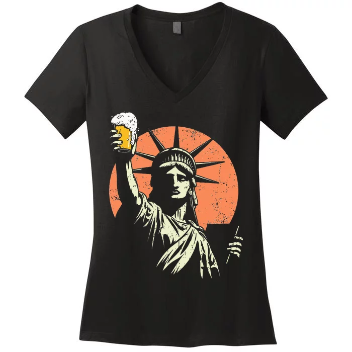 Lady Liberty Drinks Beer Funny Toast To Freedom Women's V-Neck T-Shirt