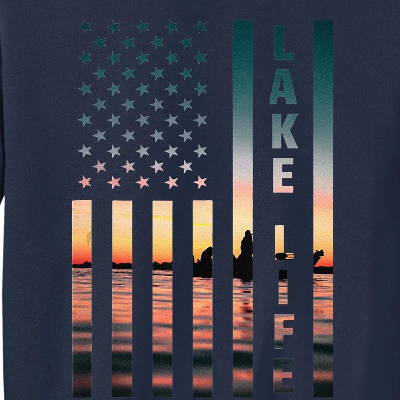 Lake Life Fisherman Sunset American Flag Bass Fishing Boat Sweatshirt