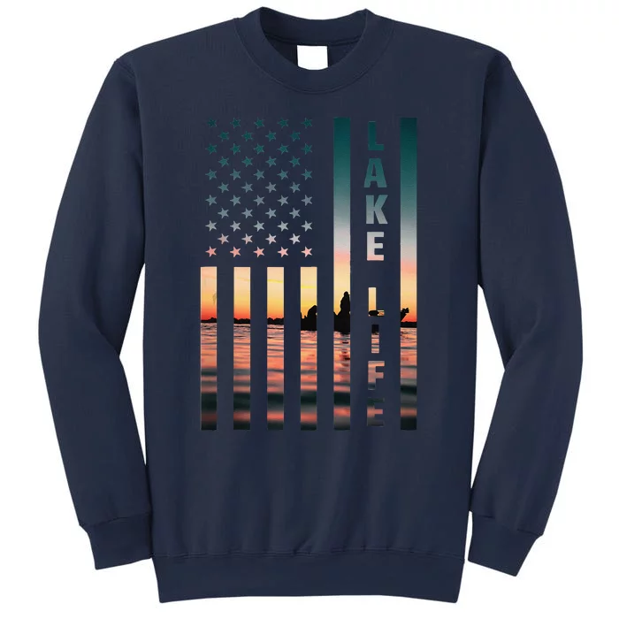 Lake Life Fisherman Sunset American Flag Bass Fishing Boat Sweatshirt