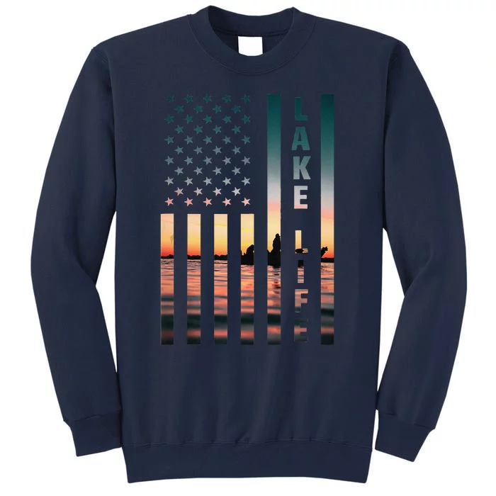 Lake Life Fisherman Sunset American Flag Bass Fishing Boat Tall Sweatshirt