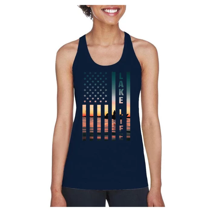 Lake Life Fisherman Sunset American Flag Bass Fishing Boat Women's Racerback Tank