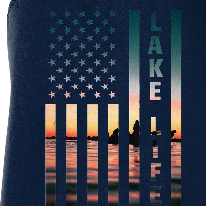 Lake Life Fisherman Sunset American Flag Bass Fishing Boat Women's Racerback Tank