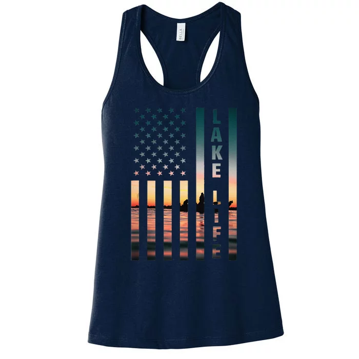 Lake Life Fisherman Sunset American Flag Bass Fishing Boat Women's Racerback Tank