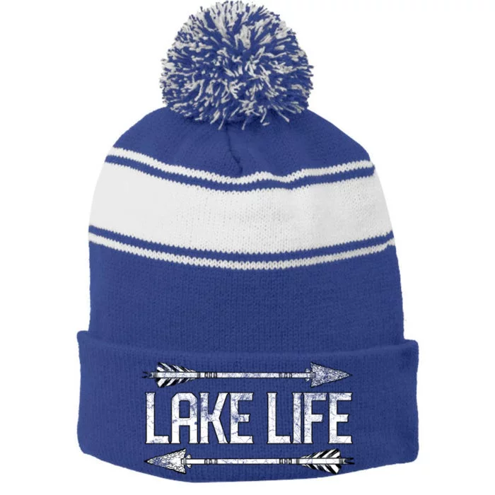 Lake Life Fishing Boating Sailing Funny Outdoor Gift Mom Dad Cute Gift Stripe Pom Pom Beanie