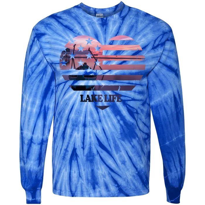 Lake Life Fisher Sunset American Flag Bass Fishing Boat Gift Tie-Dye Long Sleeve Shirt