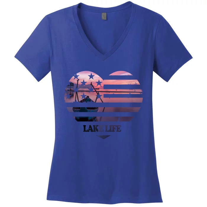 Lake Life Fisher Sunset American Flag Bass Fishing Boat Gift Women's V-Neck T-Shirt