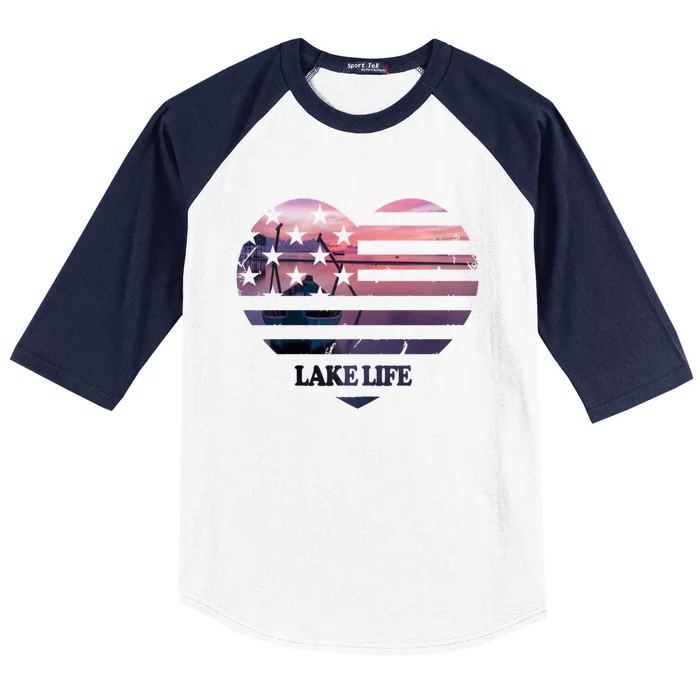 Lake Life Fisher Sunset American Flag Bass Fishing Boat Gift Baseball Sleeve Shirt