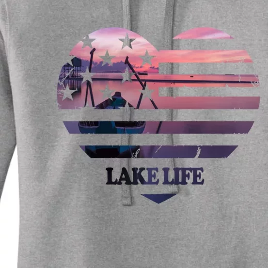 Lake Life Fisher Sunset American Flag Bass Fishing Boat Gift Women's Pullover Hoodie