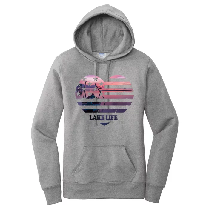 Lake Life Fisher Sunset American Flag Bass Fishing Boat Gift Women's Pullover Hoodie