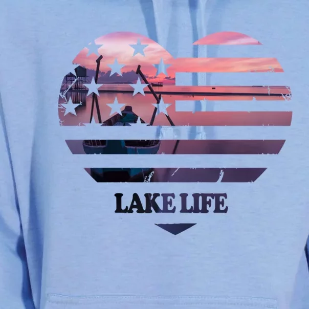 Lake Life Fisher Sunset American Flag Bass Fishing Boat Gift Unisex Surf Hoodie