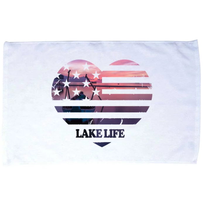 Lake Life Fisher Sunset American Flag Bass Fishing Boat Gift Microfiber Hand Towel