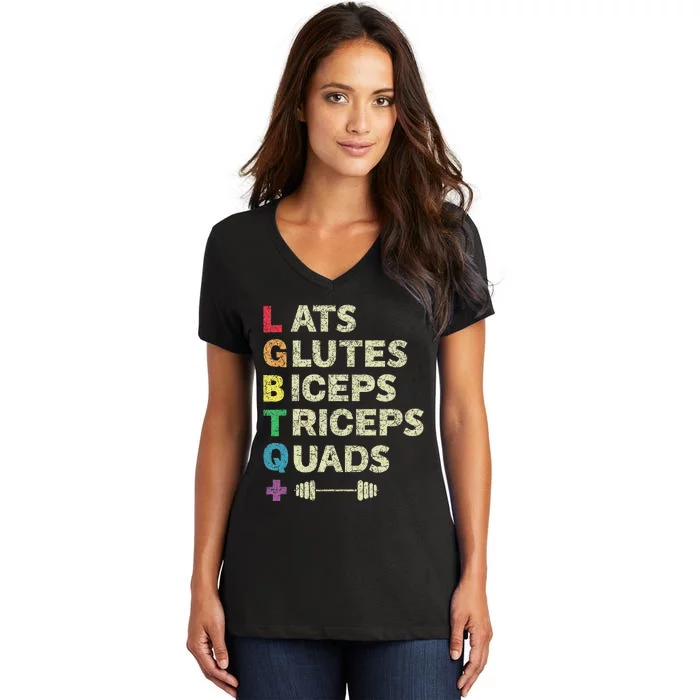 Lgbtq Lats Glutes Biceps Triceps Quads Weightlifting Women's V-Neck T-Shirt