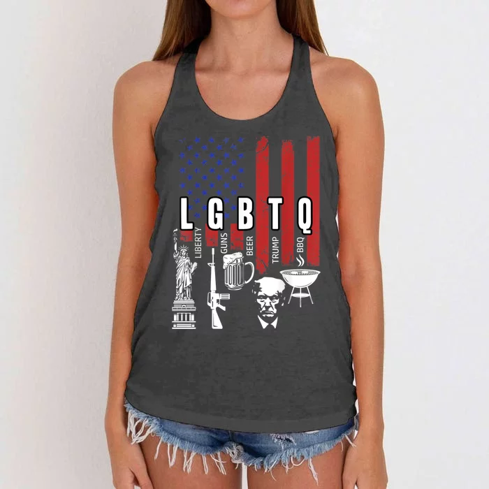 LGBTQ Liberty Guns Bible Trump BBQ USA Flag Vintage Women's Knotted Racerback Tank