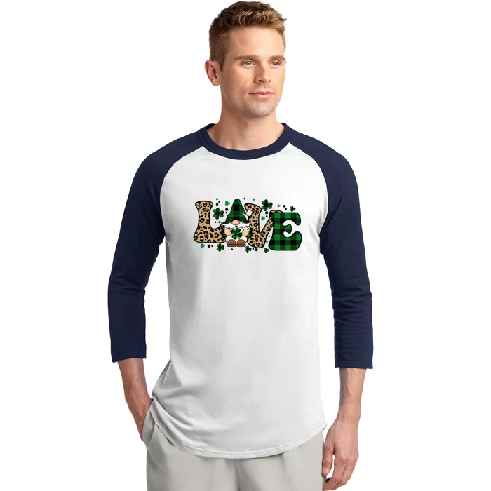 Lucky Love Gnome St. Patricks Day Shamrock Leoprad Baseball Sleeve Shirt