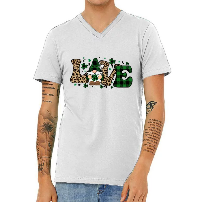 Lucky Love Gnome St. Patricks Day Shamrock Leoprad V-Neck T-Shirt