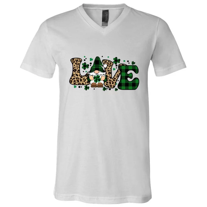 Lucky Love Gnome St. Patricks Day Shamrock Leoprad V-Neck T-Shirt