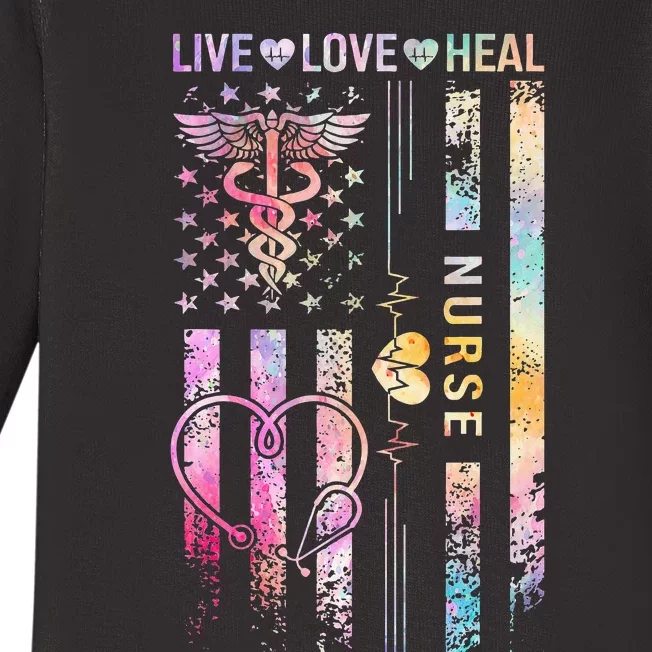 Live Love Heal American US Flag Heartbeat Nurse Day Nursing Baby Long Sleeve Bodysuit