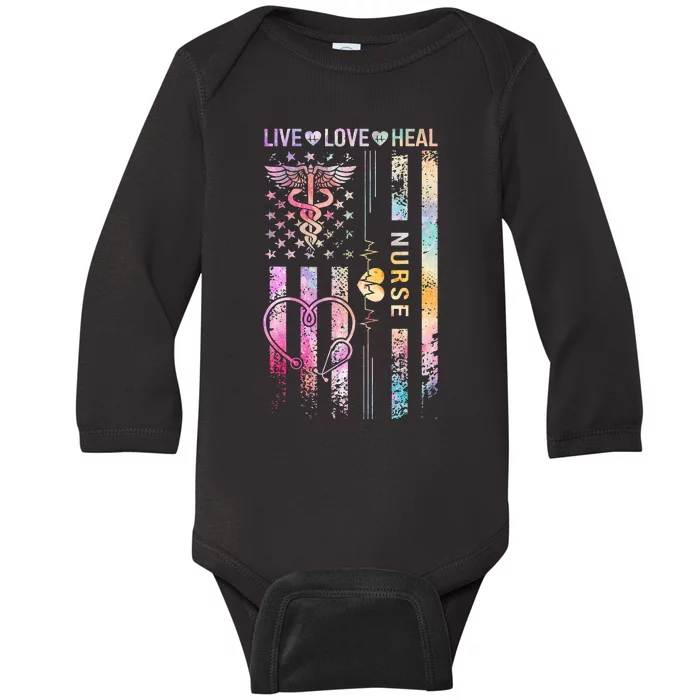 Live Love Heal American US Flag Heartbeat Nurse Day Nursing Baby Long Sleeve Bodysuit