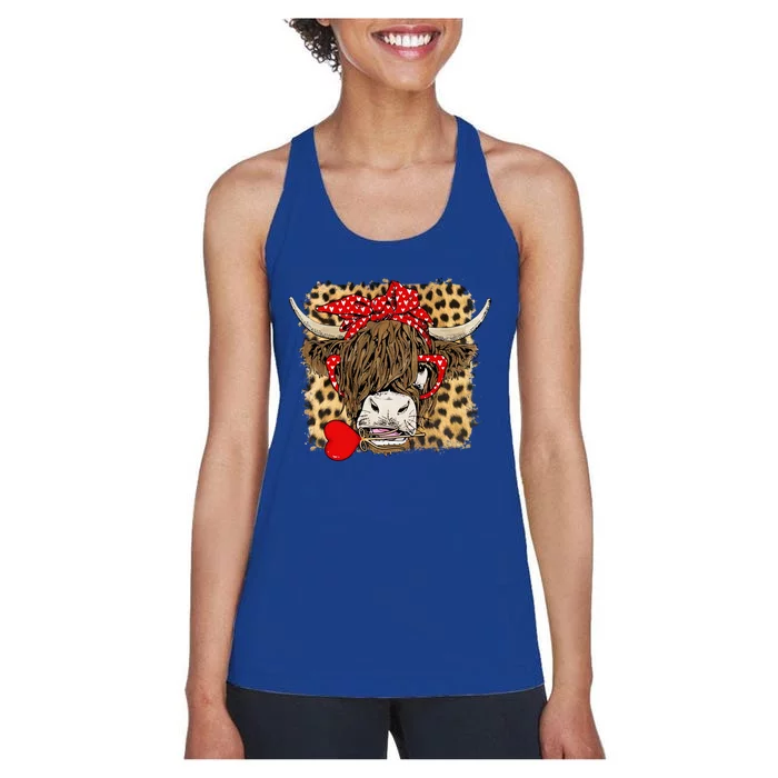 Leopard Love Highland Cow Heifer Bandana Valentines Day Funny Gift Women's Racerback Tank