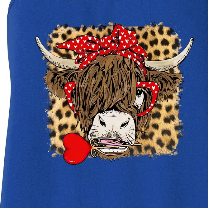 Leopard Love Highland Cow Heifer Bandana Valentines Day Funny Gift Women's Racerback Tank