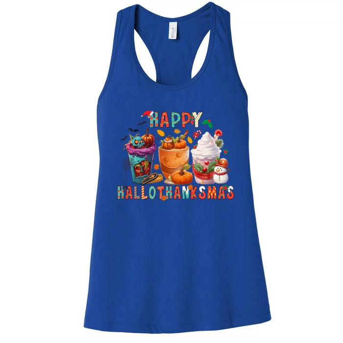 Latte Lovers Happy Hallothanksmas Pumpkin Xmas Present 2024 Gift Women's Racerback Tank