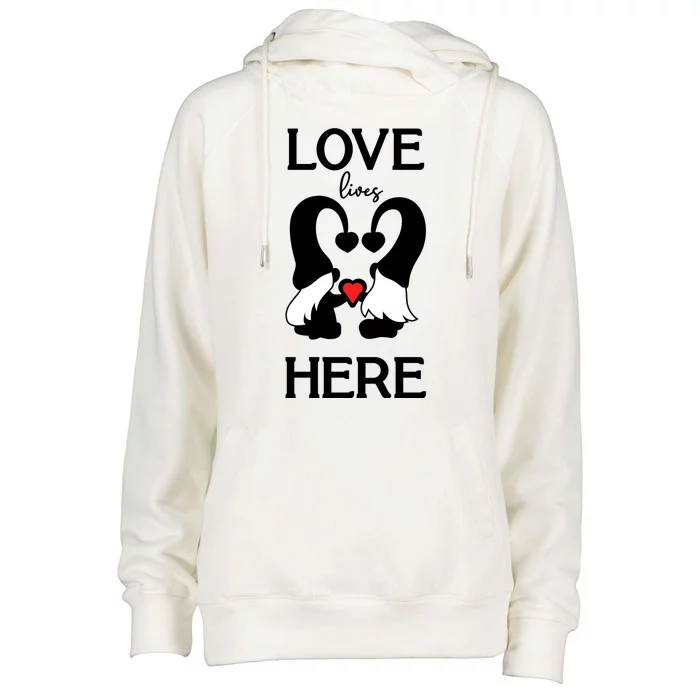 Love Lives Here Happy Valentines Gnome Heart Womens Funnel Neck Pullover Hood