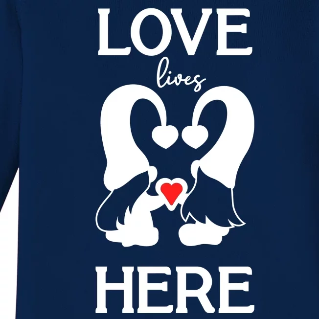 Love Lives Here Happy Valentines Gnome Heart Baby Long Sleeve Bodysuit