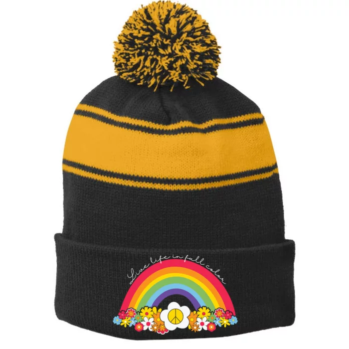 Live Life In Full Color Rainbow Peace Floral Stripe Pom Pom Beanie