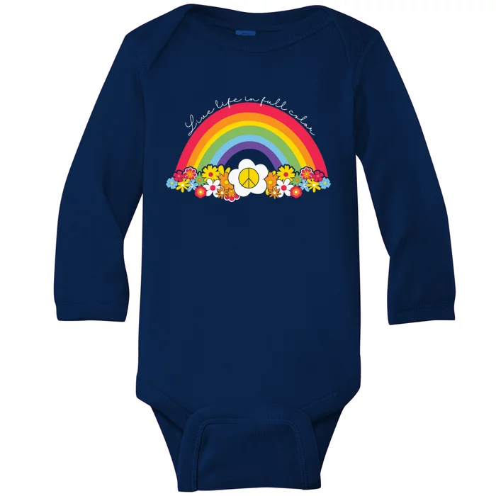 Live Life In Full Color Rainbow Peace Floral Baby Long Sleeve Bodysuit