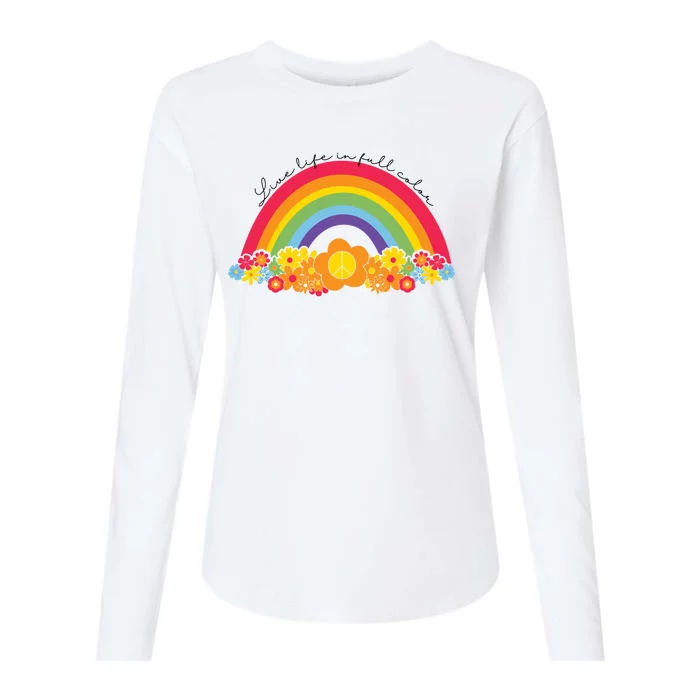 Live Life In Full Color Rainbow Peace Floral Womens Cotton Relaxed Long Sleeve T-Shirt