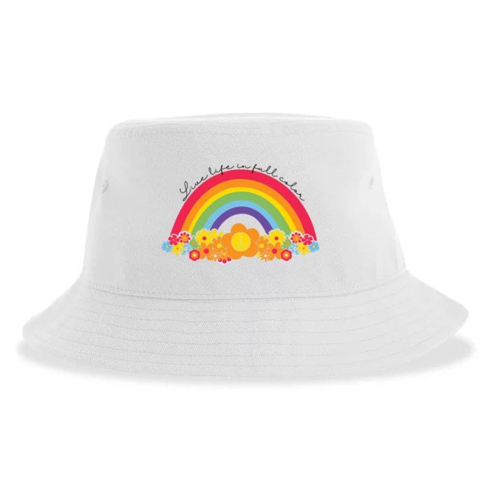 Live Life In Full Color Rainbow Peace Floral Sustainable Bucket Hat