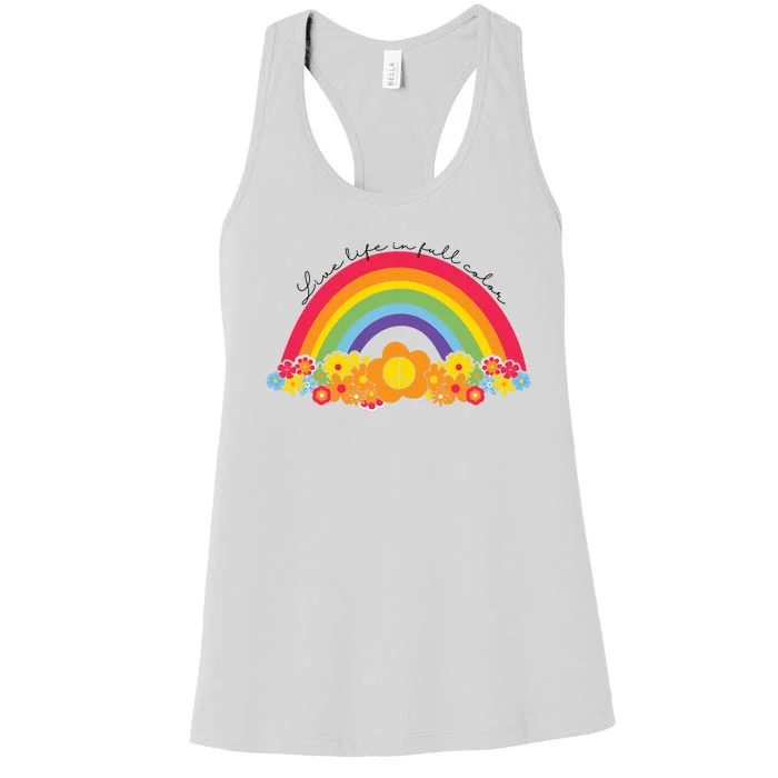 Live Life In Full Color Rainbow Peace Floral Women's Racerback Tank