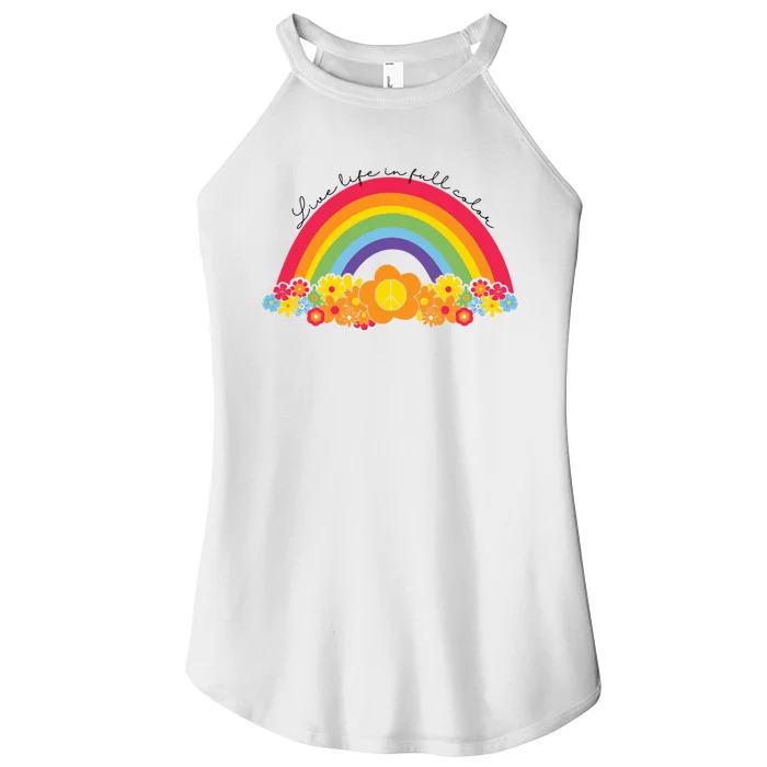 Live Life In Full Color Rainbow Peace Floral Women’s Perfect Tri Rocker Tank