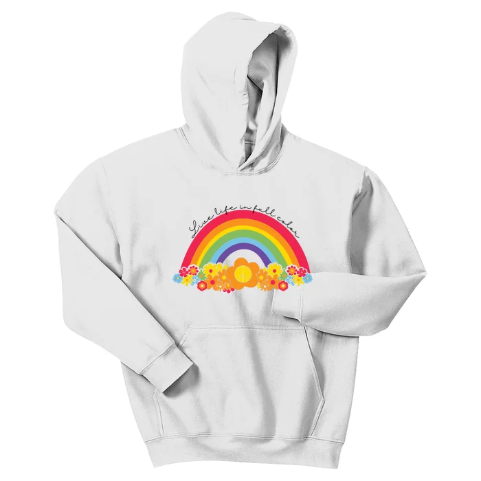 Live Life In Full Color Rainbow Peace Floral Kids Hoodie