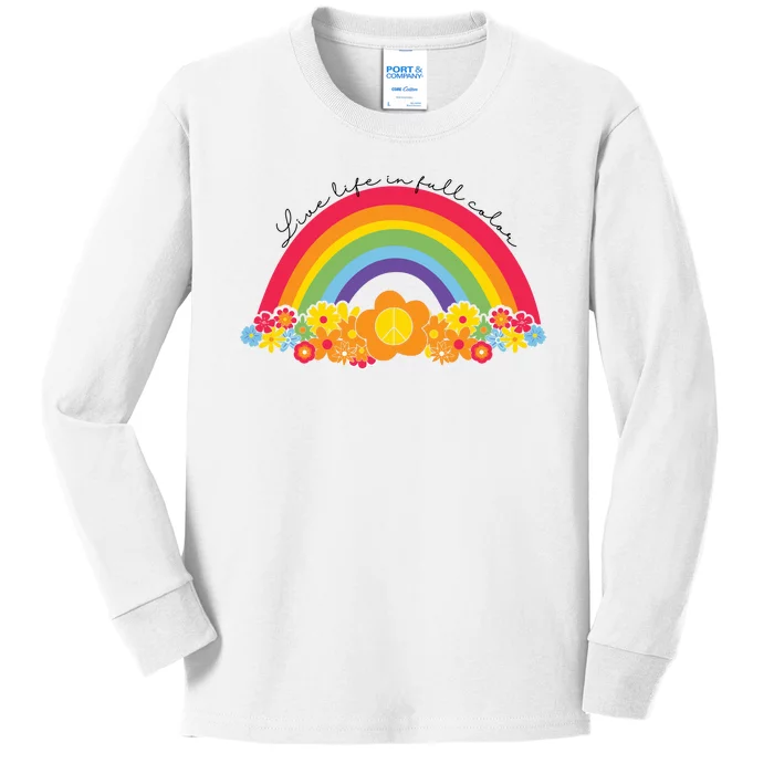 Live Life In Full Color Rainbow Peace Floral Kids Long Sleeve Shirt