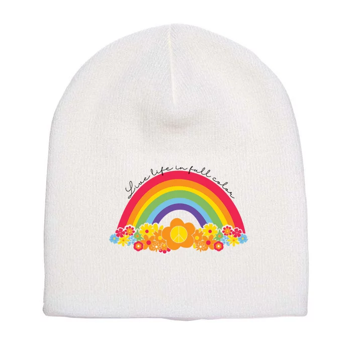 Live Life In Full Color Rainbow Peace Floral Short Acrylic Beanie