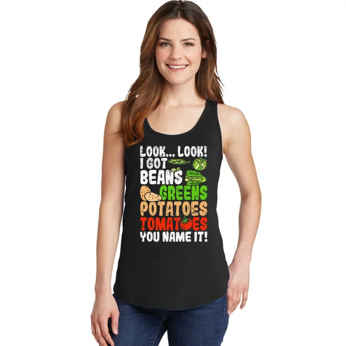 Look Look I Got Beans Greens Potatoes Tomatoes You Name It Ladies Essential Tank