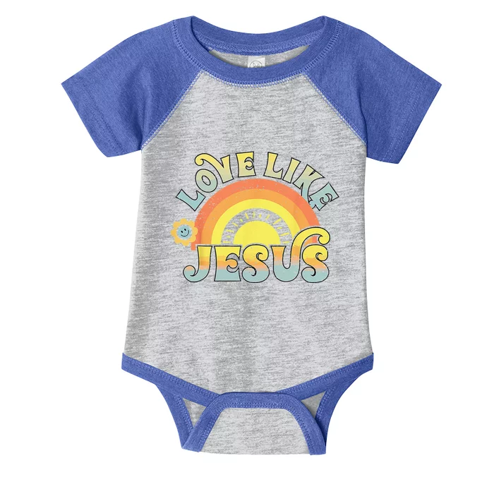 Love Like Jesus Christian Bible Verse Groovy Hippie Rainbow Infant Baby Jersey Bodysuit