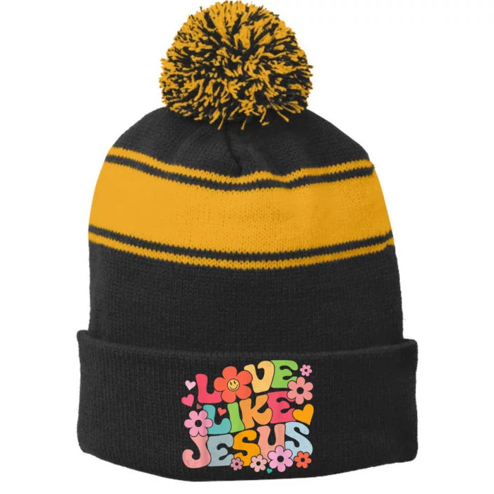 Love Like Jesus Christian Bible Verse Trendy Floral Stripe Pom Pom Beanie