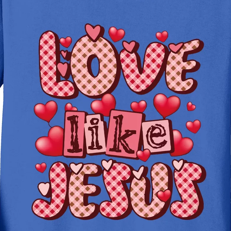 Love Like Jesus Valentine's Day Red Plaid Hearts Christian Gift Kids Long Sleeve Shirt