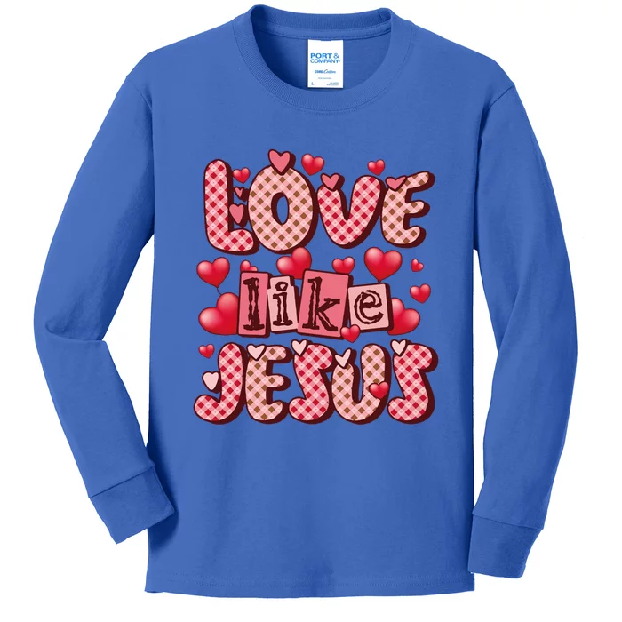 Love Like Jesus Valentine's Day Red Plaid Hearts Christian Gift Kids Long Sleeve Shirt