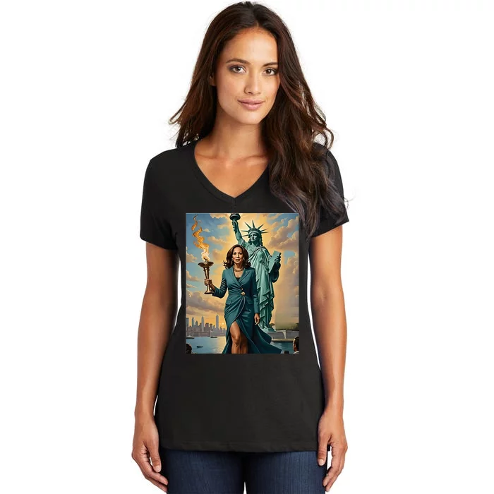 Lady Liberty Kamala Harris Vote President 2024 Women's V-Neck T-Shirt