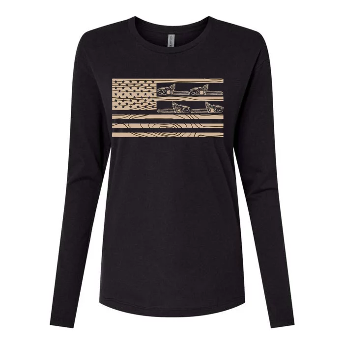 Lumberjack Logger Lumber USA Flag Chainsaw Womens Cotton Relaxed Long Sleeve T-Shirt