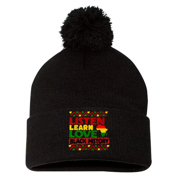 Listen Learn Love African American Teach Black History Month Pom Pom 12in Knit Beanie