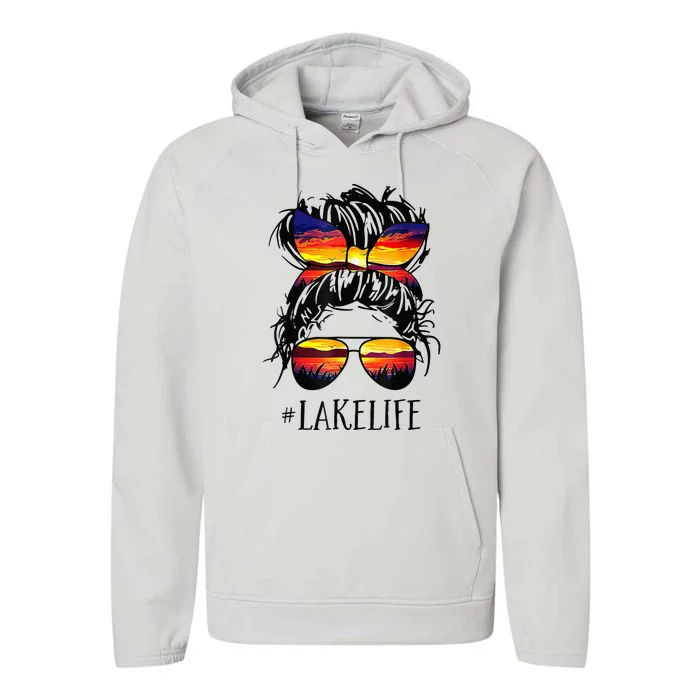 Lake Life Messy Bun Hair Girl Retro Lake Summer Performance Fleece Hoodie