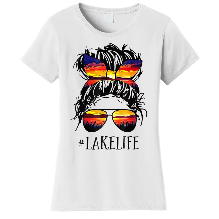 Lake Life Messy Bun Hair Girl Retro Lake Summer Women's T-Shirt