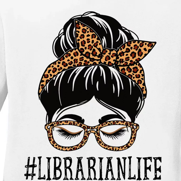 Librarian Leopard Messy Bun  Back To School Ladies Long Sleeve Shirt