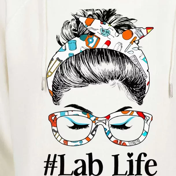 Lab Life Messy Hair Woman Bun Healthcare worker Womens Funnel Neck Pullover Hood